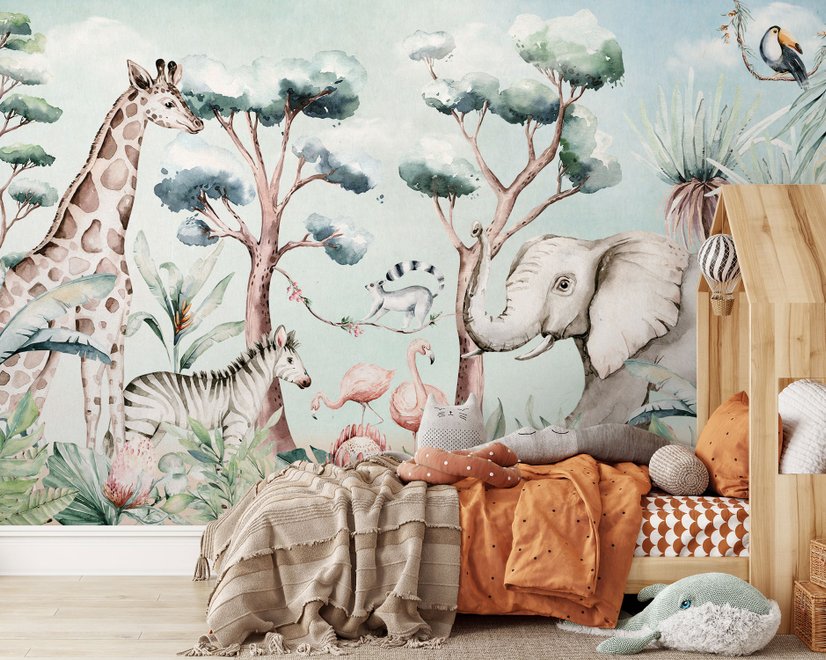 Kids Nursery Safari Animals and Flamingo in the Forest Wallpaper Mural