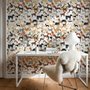 Zoomie kids wallpaper with painted dog breeds in tan, brown, black and grey on white