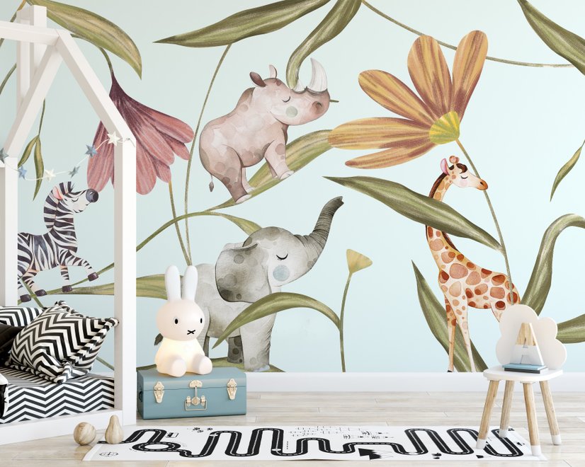 Nursery Tropical Animals with Flowers Wallpaper Mural