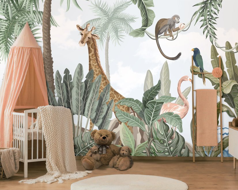Kids Nursery Pink Flamingo and Cute Giraffe Safari Animals Wallpaper Mural
