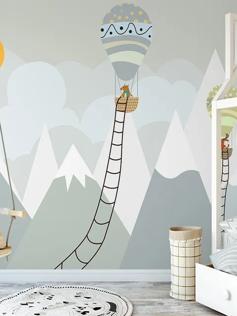 Kids Gray Mountainscape with Hot Air Balloon and Sun Wallpaper Mural