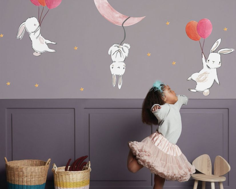 Stickers muraux lapins cartoon ballons colorés lune enfants