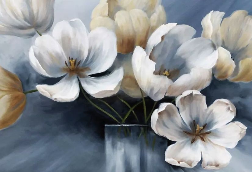 Papier peint panoramique Motif art floral tulipes douces style peinture à l'huile