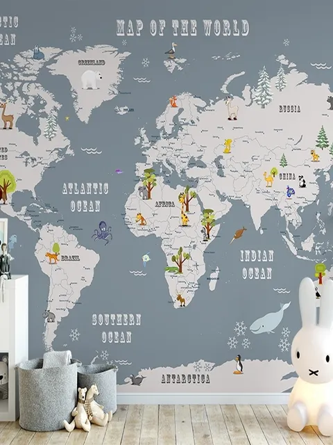 Kids Boys Kids World Map with Animals Wallpaper Mural