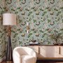 Chinoiserie wallpaper with peach birds, orchids and peonies on a pale duck egg blue ground