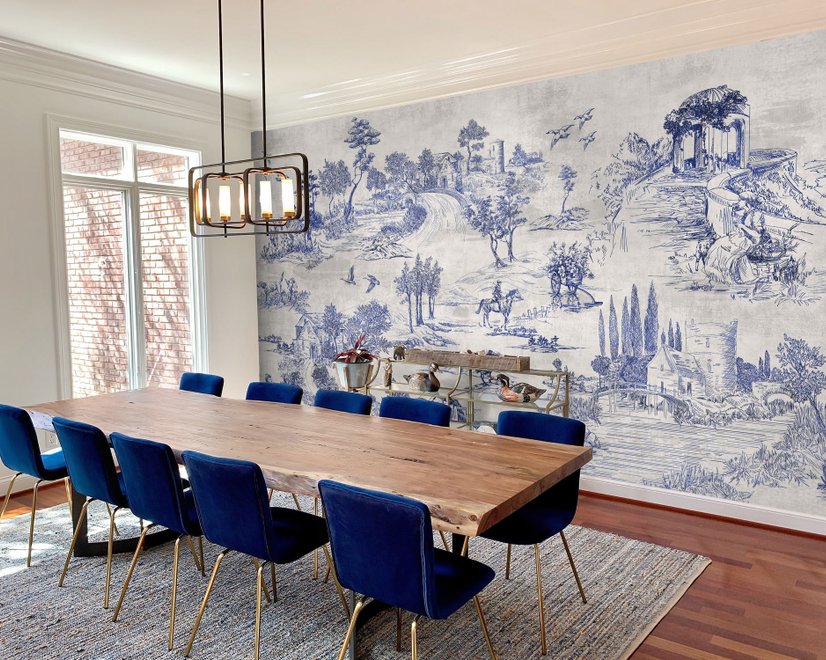Vintage Monochrome Jouy Style Landscape Wallpaper Mural