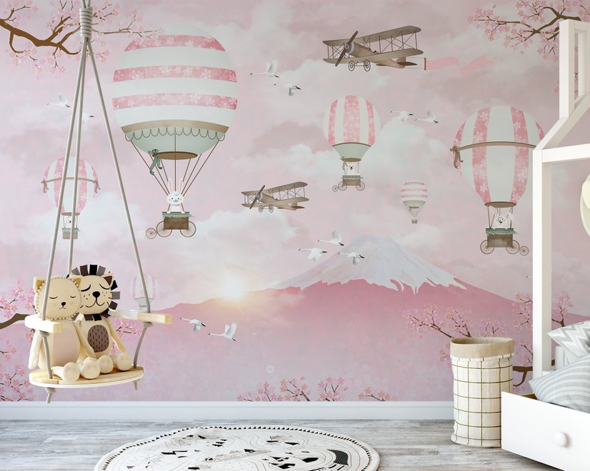 Papier peint montgolfière et paysage de montagne rose
