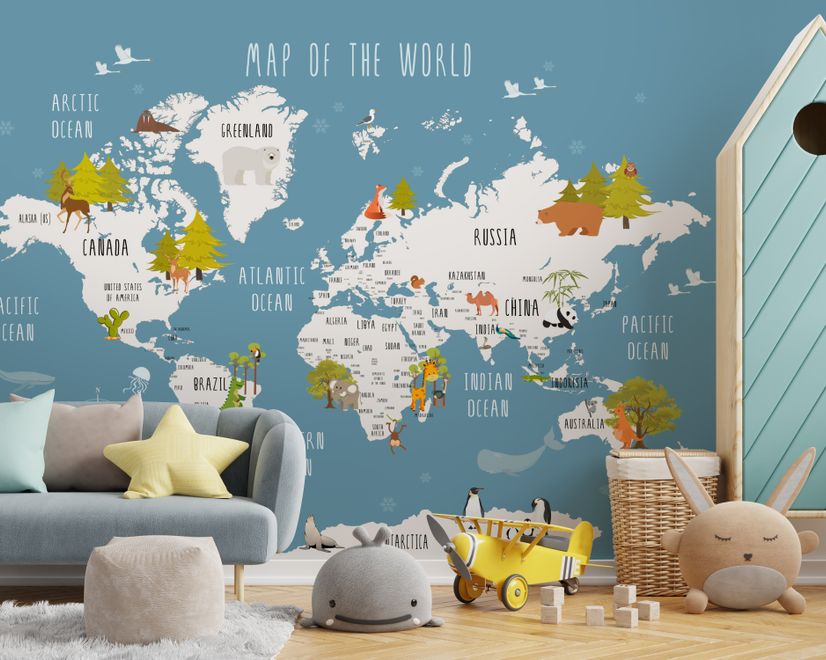 Kids World Map with Cartoon Animals Wallpaper Mural