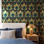 Art Deco feathers wallpaper with turquoise peacock eyes, gold plumes and navy teal ground
