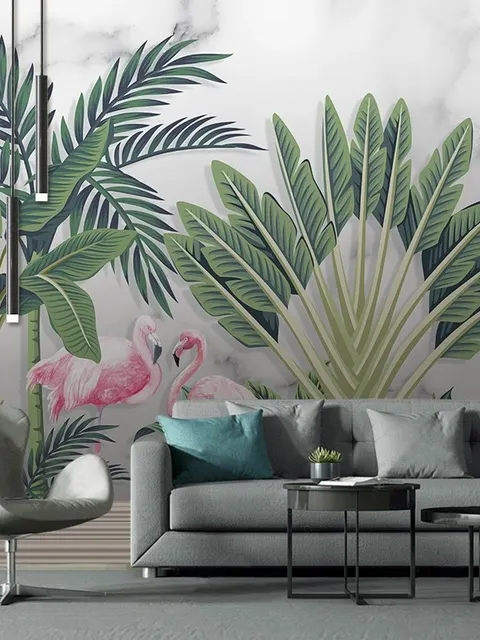 Flamingo Toucan with Vintage Forest Wallpaper Mural