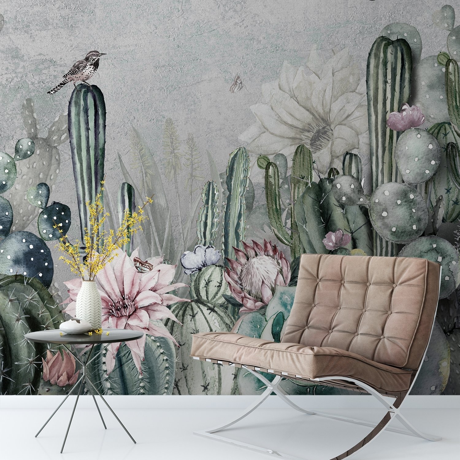 Aquarell-Kaktus mit Blumen Fototapete - Selbstklebende