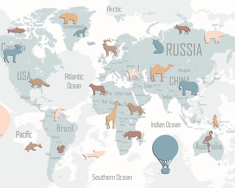 Kinder Blaue Politische Weltkarte mit Bunte Tiersilhouetten Fototapete