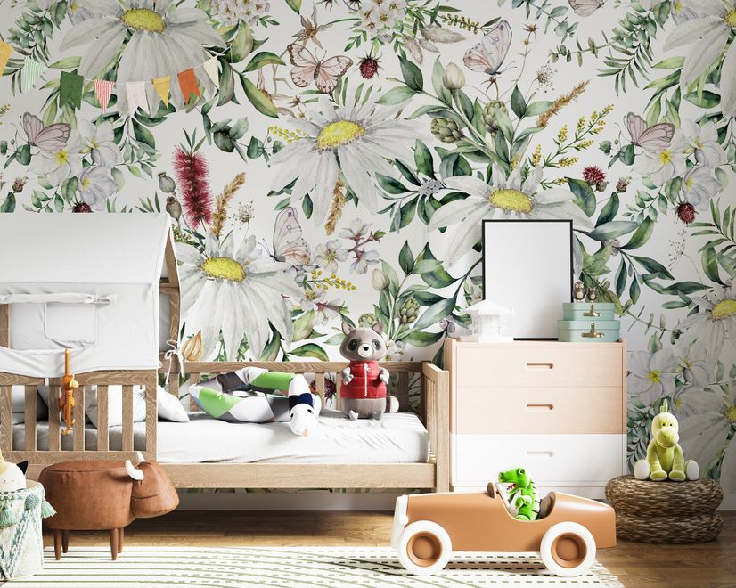 Bright Daisy Flower Bouquet with Green Leaves Wallpaper Mural