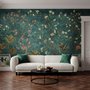 Floral wallpaper with birds in a teal chinoiserie garden with blossoms, pheasant, palms and stone railings
