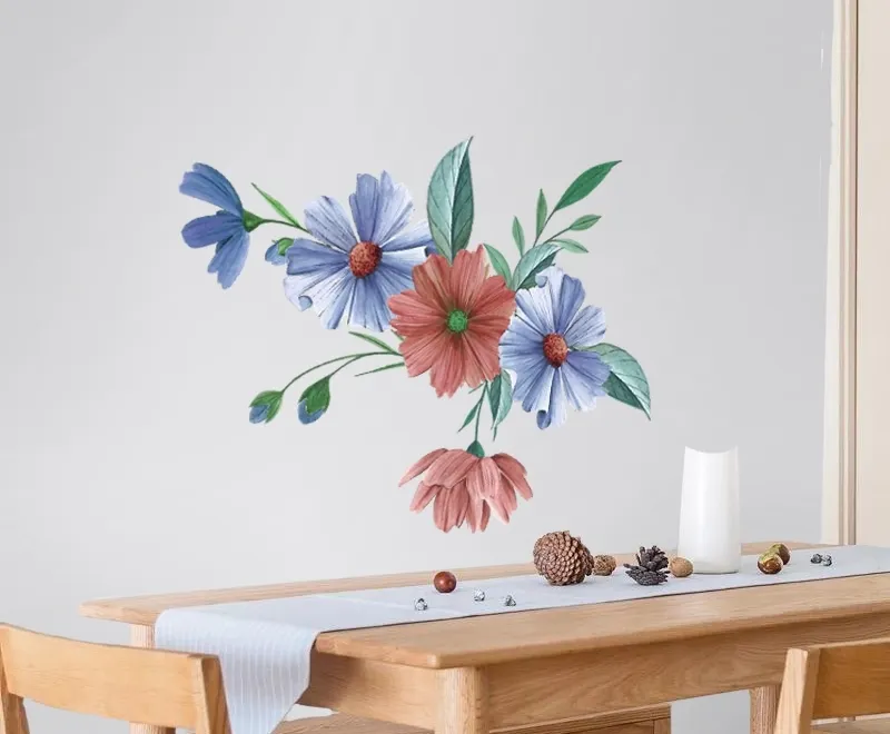 Blue Red Watercolor Daisy Floral Bouqet Wall Decal Sticker