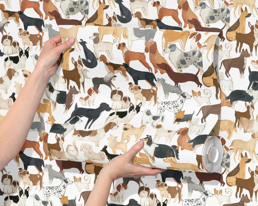 Zoomie kids wallpaper with painted dog breeds in tan, brown, black and grey on white