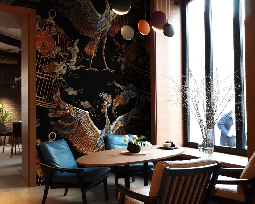 Crane Birds and Flowers with Golden Cage Wallpaper Mural