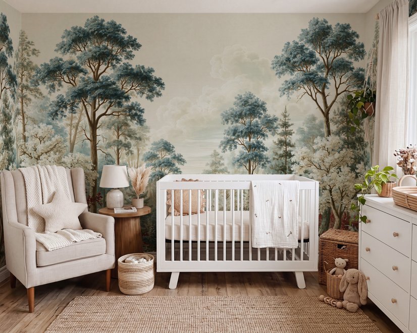 Vintage forest wallpaper mural with blue-grey trees, ivory blossom, red plants and toadstools around a misty path