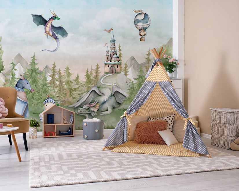 Kids Dragons Fairytale Cute Prince and Princess Wallpaper Mural