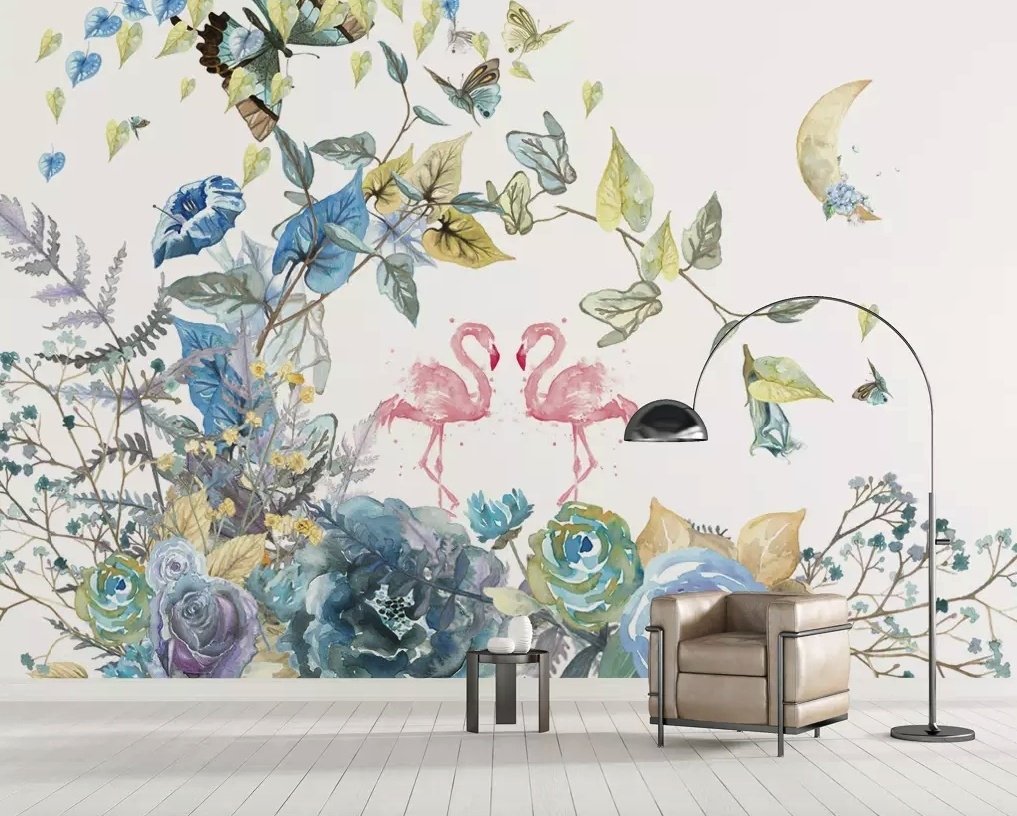 Flamingo and Soft Floral Wallpaper Mural - Peel and Stick