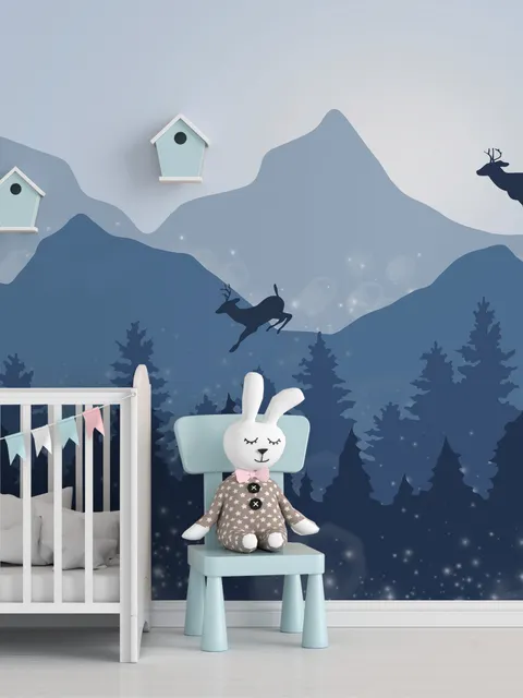 Monochrome Dark Blue Snowy Forest with Horned Deer Silhouette for Kids Nursery Wallpaper Mural