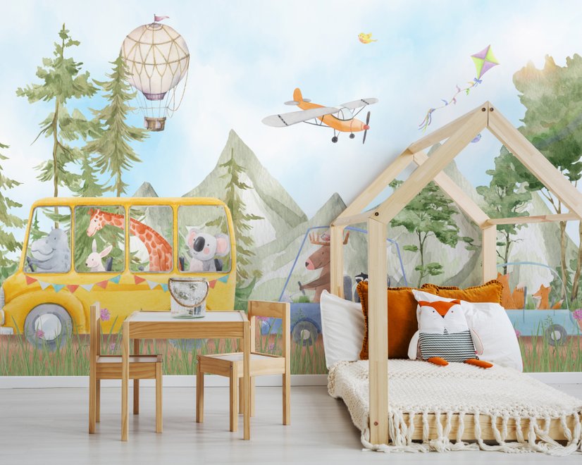 Kids Cute Watercolor Animals in the Bus Wallpaper Mural