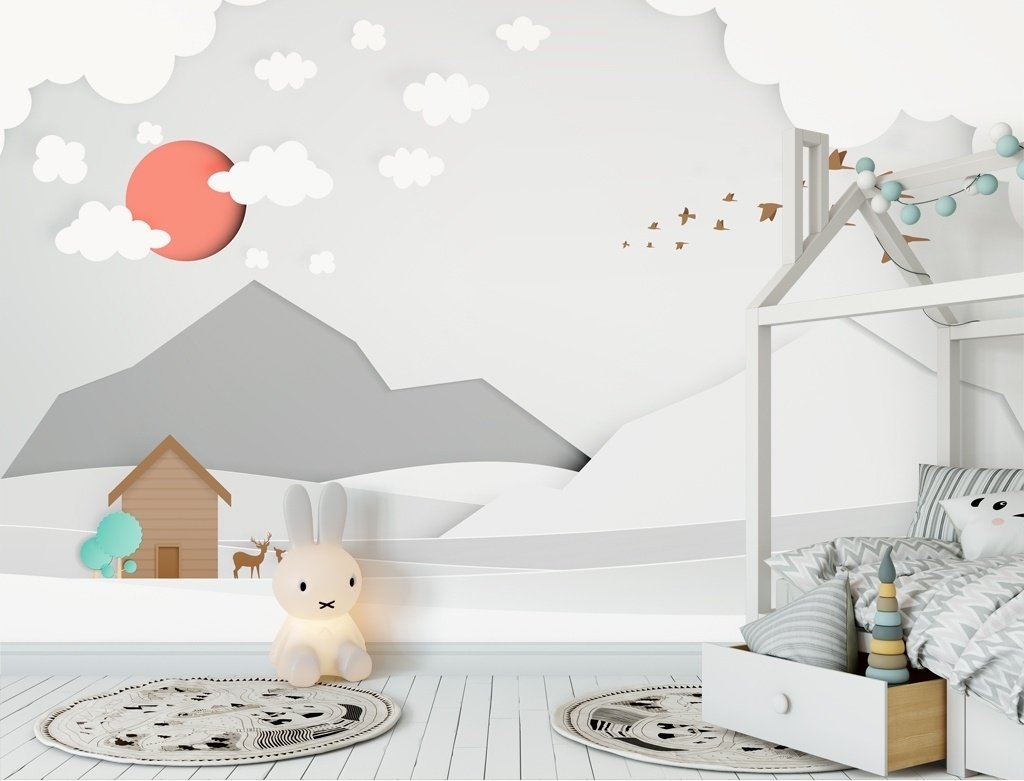 Kids White Gray Mountain Landscape Wallpaper Mural - Peel and Stick