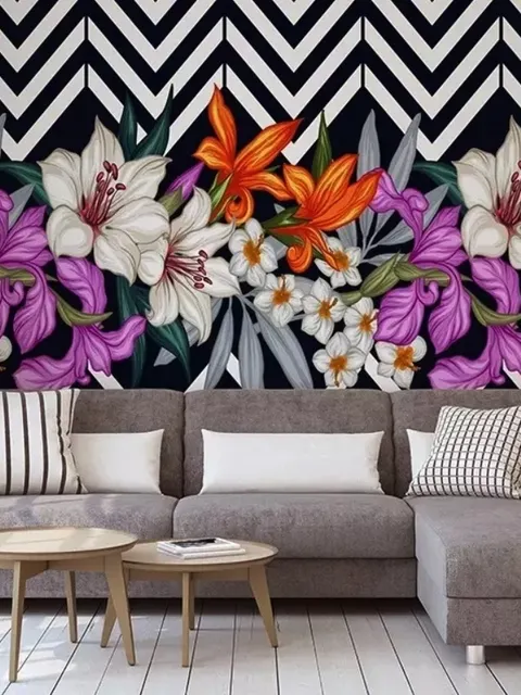 Colorful Flowers with Black White Stripe Patterned Wallpaper Mural