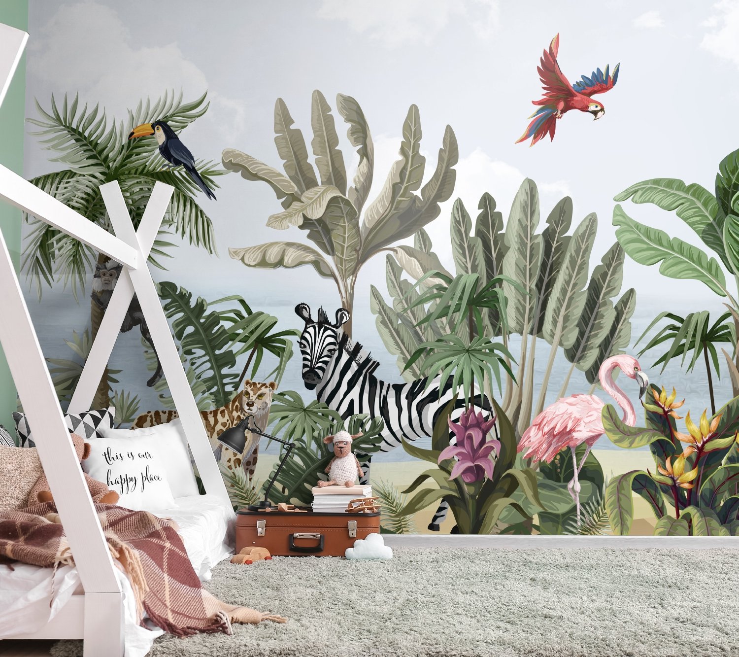 Kids Jungle View with Exotic Animals Wallpaper Mural - Peel and Stick