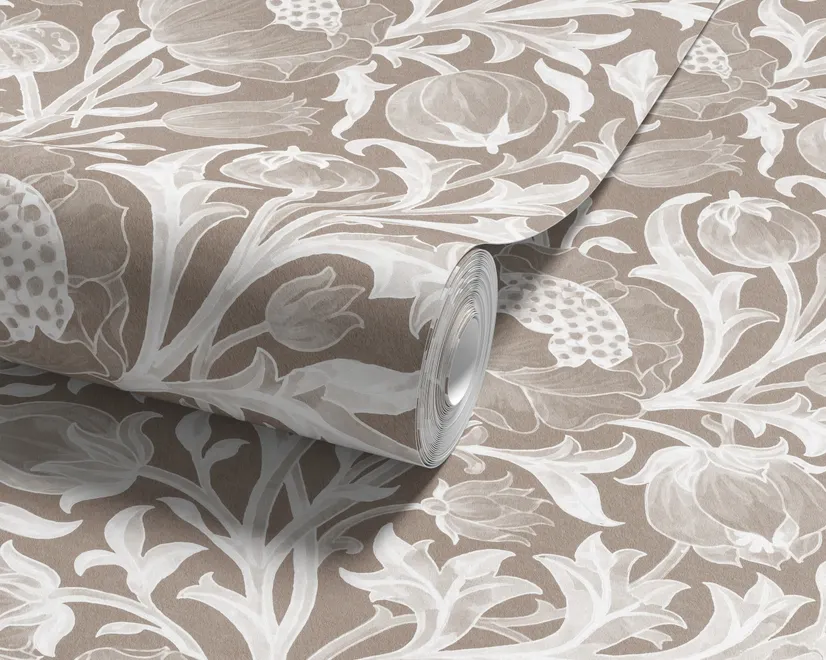 Greige botanical wallpaper with white watercolour flowers, buds, seed heads and acanthus leaves