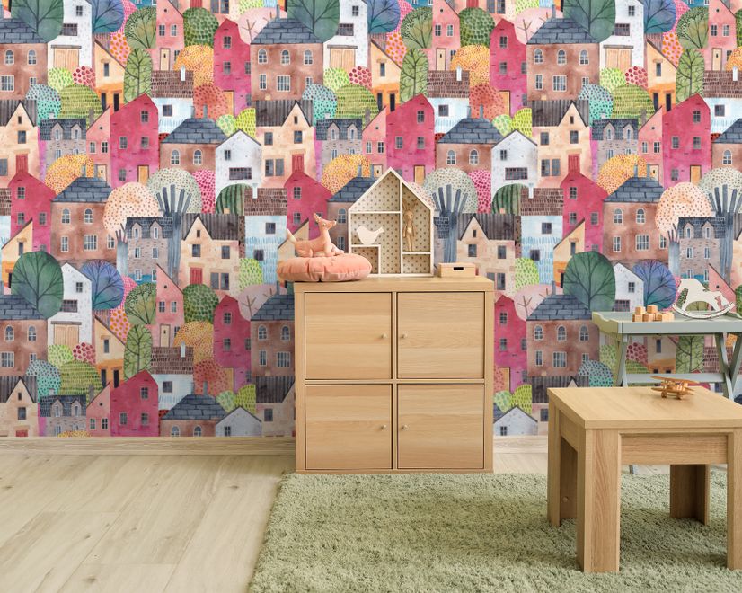 Kids Watercolor Cute Town House Wallpaper Mural