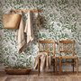 Sage green botanical floral wallpaper with white poppy flowers, lobed leaves and dotted seed centres