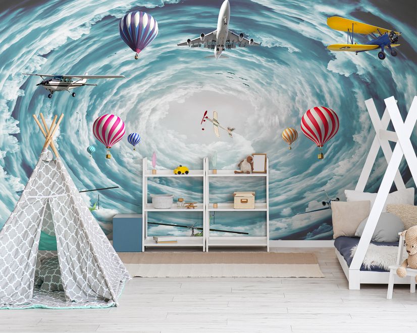 Hot Air Balloon and Airplanes on The Sky Wallpaper Mural