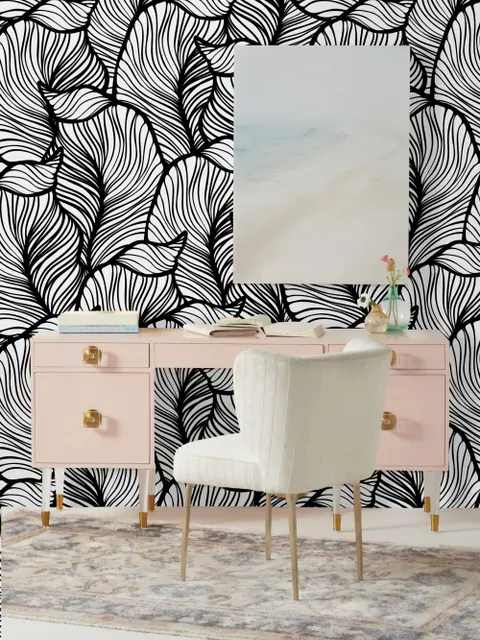 Golden Look Stylish Leaf  Line Art Wallpaper Mural