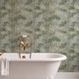 Bamboo oil painting wallpaper with olive leaves and ochre canes on a soft blue-grey ground