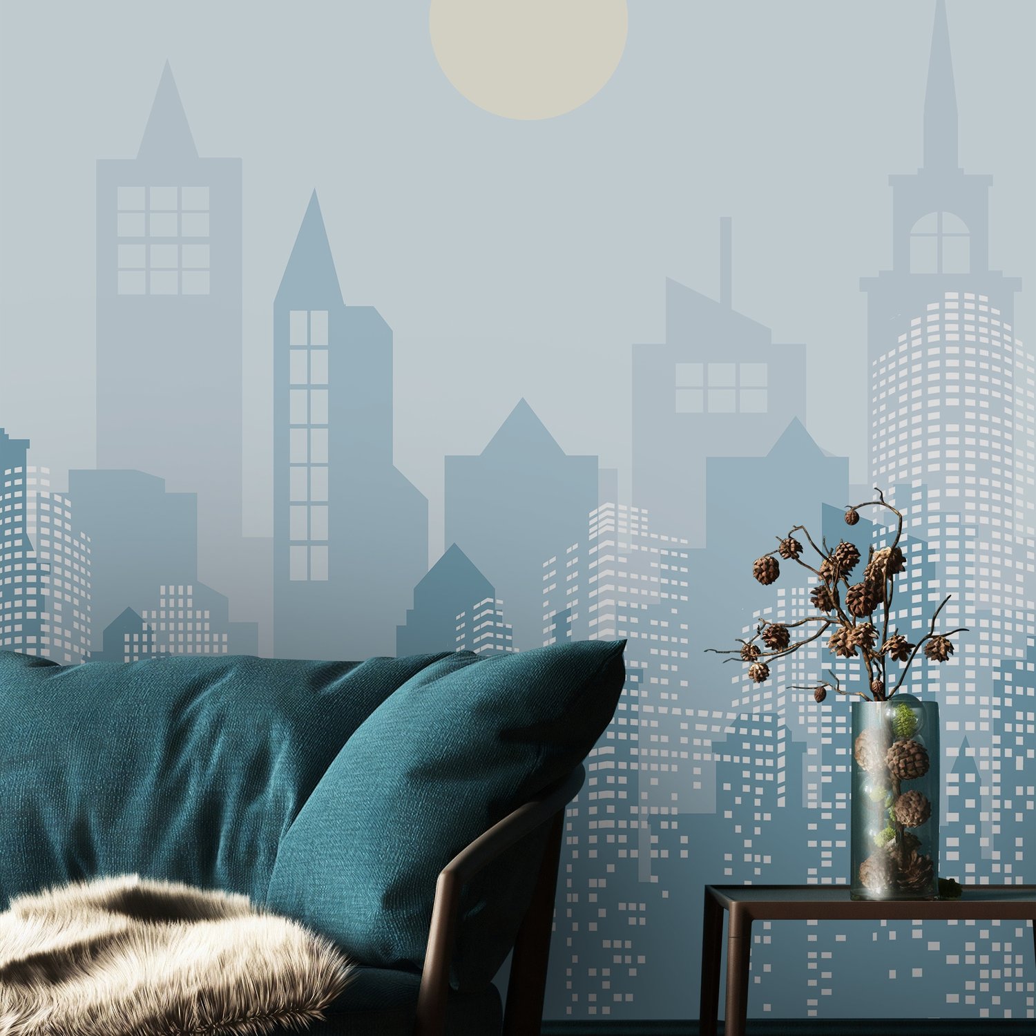 Blue Monochrome Cityscape and Soft Sun Wallpaper Mural - Peel and Stick