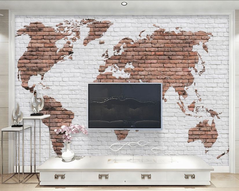 White Brown Brick World Maps Wallpaper Mural