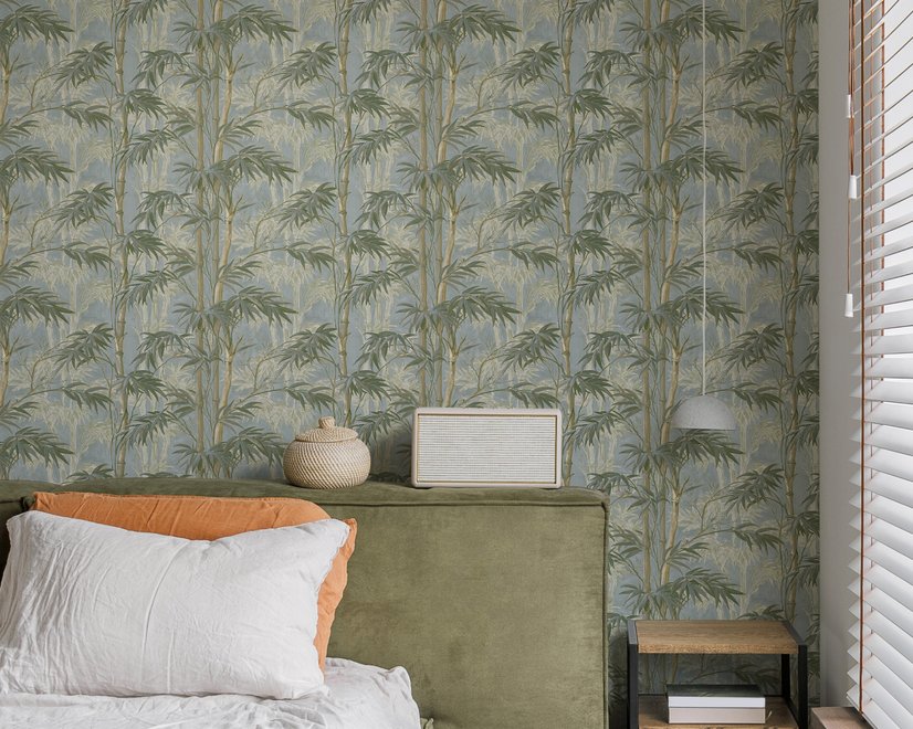 Bamboo oil painting wallpaper with olive leaves and ochre canes on a soft blue-grey ground