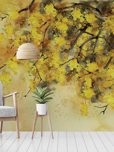 Papier peint paysage arbre jaune aquarelle