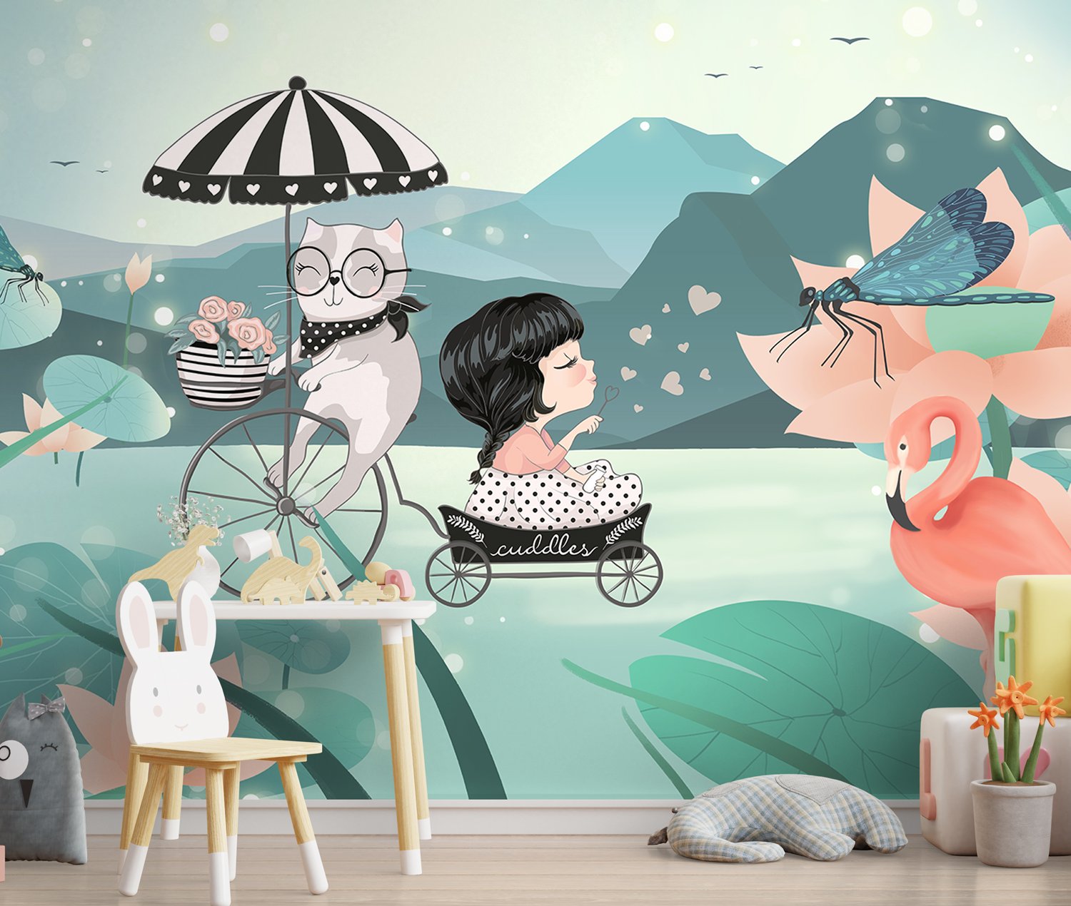 Cute Little Girl with Cat and Pink Lotus Cartoon Wallpaper Mural for Girls Room - Peel and Stick