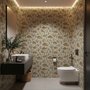 Watercolor fish wallpaper with grey-blue fish, seafoam seaweed, starfish and bubbles on warm cream