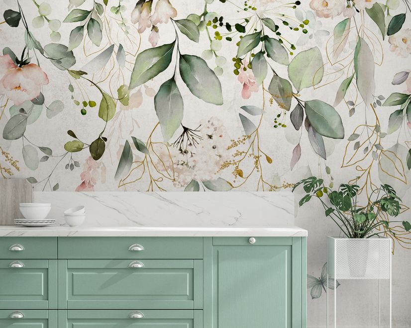 Watercolor Soft Floral with Green Leaves Wall Mural