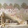 Watercolour farmhouse animal wall mural with cottages, horse, cow, tractor and wheat meadow