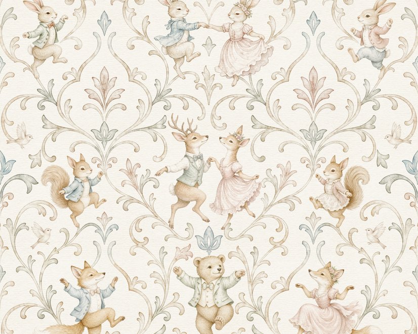 Cute rabbits wallpaper with woodland animals, white birds and acanthus scrolls on an ivory cream ground