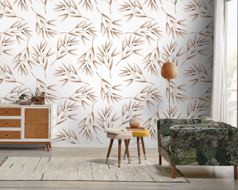 Watercolor Green Olive Leaves Pattern Wallpaper Mural
