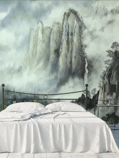 Misty Chinese Mountain Landscape and Waterfalls Wallpaper Mural