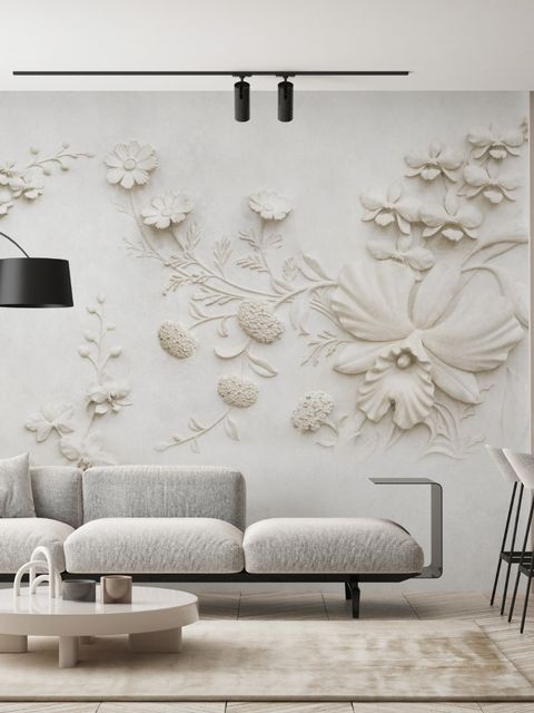 3D Embossed Look Cement Lily Flower Wallpaper Mural