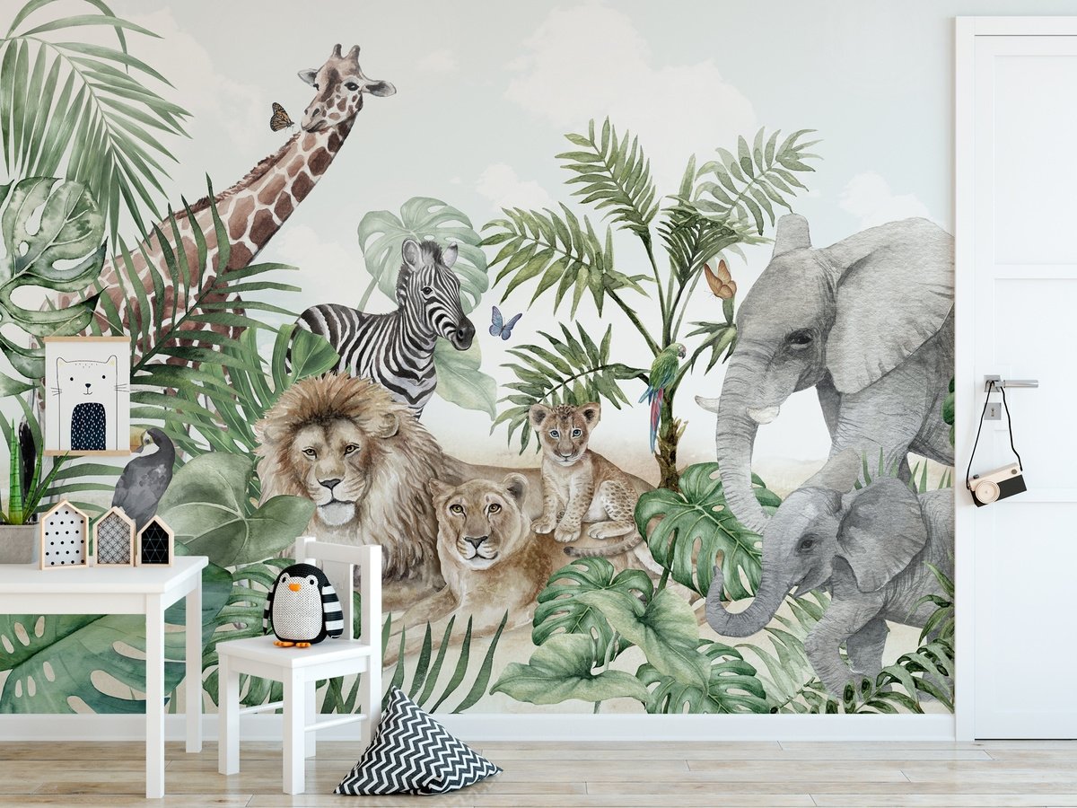 Kids Tropical Animals with Leafs Wallpaper Mural - Peel and Stick