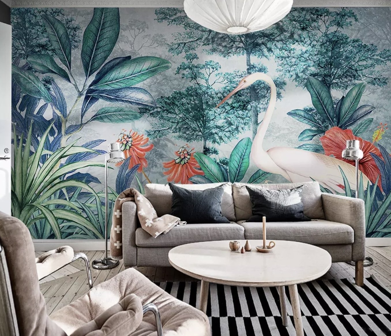 Watercolor Painting Forest and Storks Wallpaper Mural - Peel and Stick