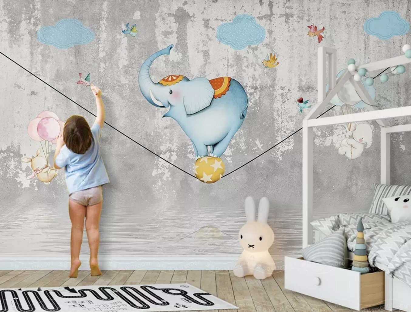 Slackline with Cartoon Elephant on the Ball Wallpaper Mural - Peel and Stick